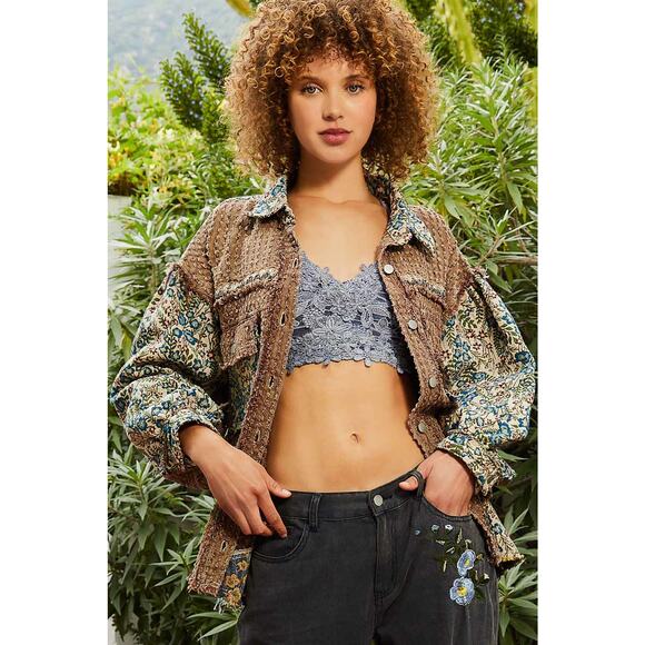 POL Chocolate Multi Oversized Jacquard Tapestry Button Down Floral Print Shacket - Picture 2 of 5